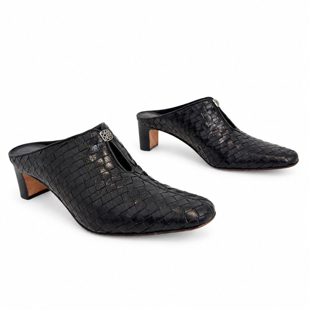Brighton Tynan Black Woven Leather Mule Heels Women’s Size 6M Silver Accent